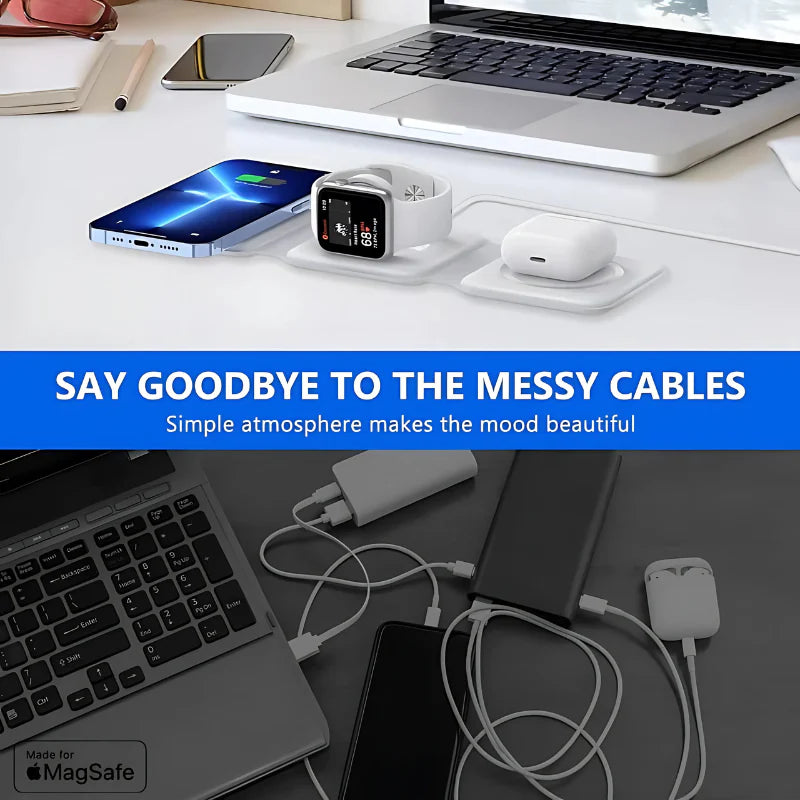 3-in-1 Foldable MagSafe &  Compatible Wireless Charger with 15W Fast Charging for iPhone, AirPods & Apple Watch