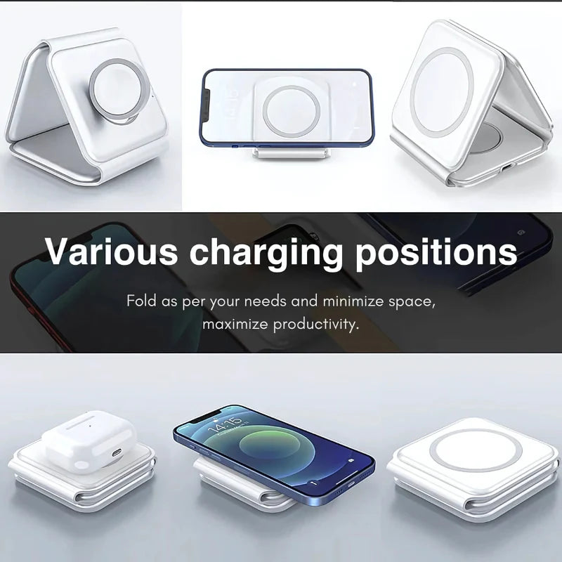 3-in-1 Foldable MagSafe &  Compatible Wireless Charger with 15W Fast Charging for iPhone, AirPods & Apple Watch