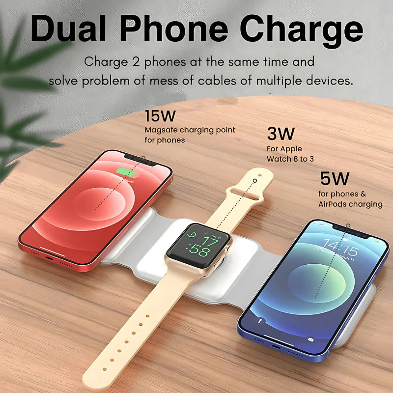 3-in-1 Foldable MagSafe &  Compatible Wireless Charger with 15W Fast Charging for iPhone, AirPods & Apple Watch