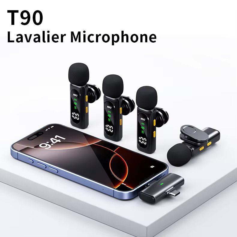 Latest T90 High Quality Portable 2.4G Wireless Lightweight Lavalier Microphone 4 Mic Digital Display Noise Cancelling