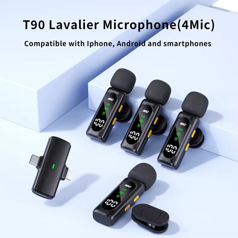 Latest T90 High Quality Portable 2.4G Wireless Lightweight Lavalier Microphone 4 Mic Digital Display Noise Cancelling