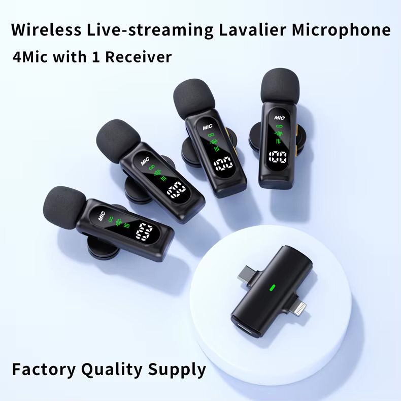 Latest T90 High Quality Portable 2.4G Wireless Lightweight Lavalier Microphone 4 Mic Digital Display Noise Cancelling