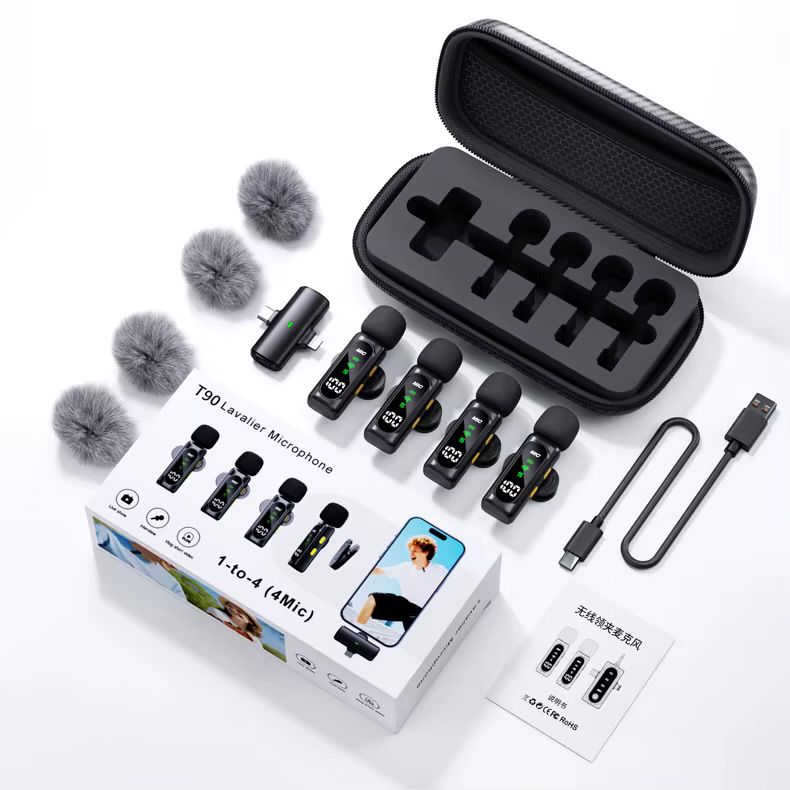Latest T90 High Quality Portable 2.4G Wireless Lightweight Lavalier Microphone 4 Mic Digital Display Noise Cancelling