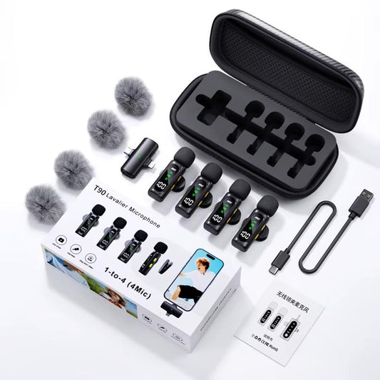 Latest T90 High Quality Portable 2.4G Wireless Lightweight Lavalier Microphone 4 Mic Digital Display Noise Cancelling